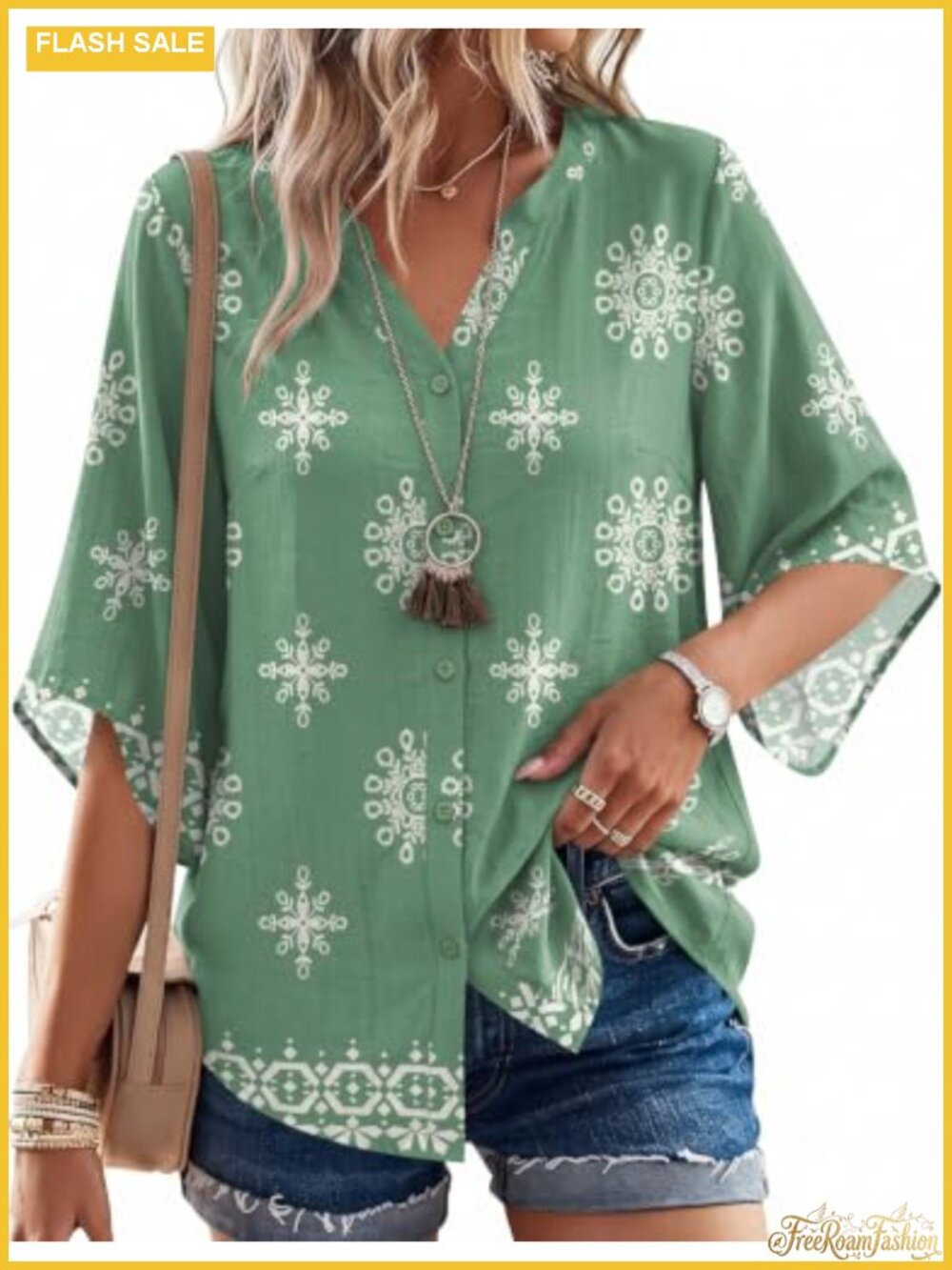 Boho 3/4 Sleeve Button Down Blouse Loose Fit Rayon Tunic Top Festival